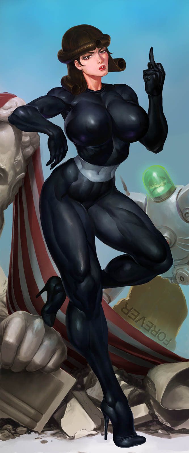 bodysuit breasts brown_hair character_request destroy_all_humans fujiwara_hisashi high_heels highres huge_breasts lips md5_mismatch middle_finger muscle robot rubble shoes skin_tight solo thick_thighs thighs