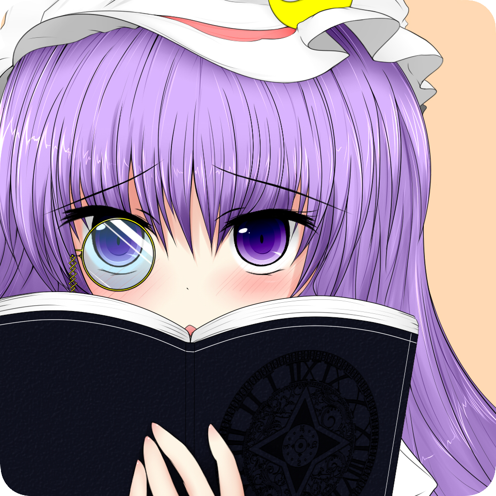 bakko blush book book_focus close-up crescent hat monocle open_mouth patchouli_knowledge purple_eyes purple_hair rounded_corners solo touhou