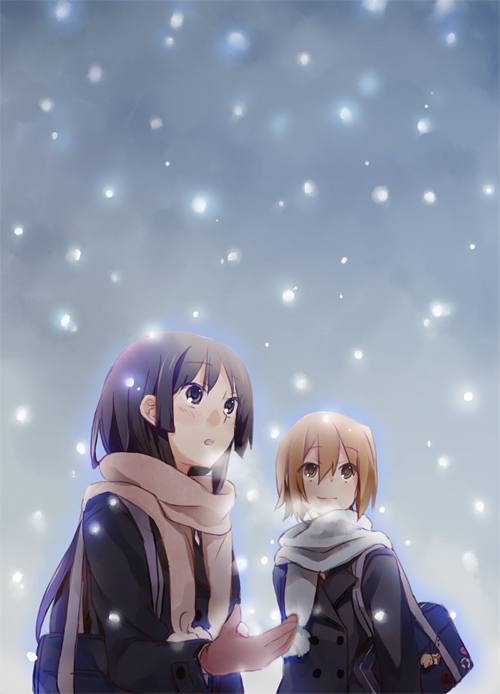 akiyama_mio alternate_hairstyle bad_id bad_pixiv_id bag black_eyes black_hair brown_eyes brown_hair gloves k-on! long_hair multiple_girls picocopi scarf school_uniform short_hair snow tainaka_ritsu