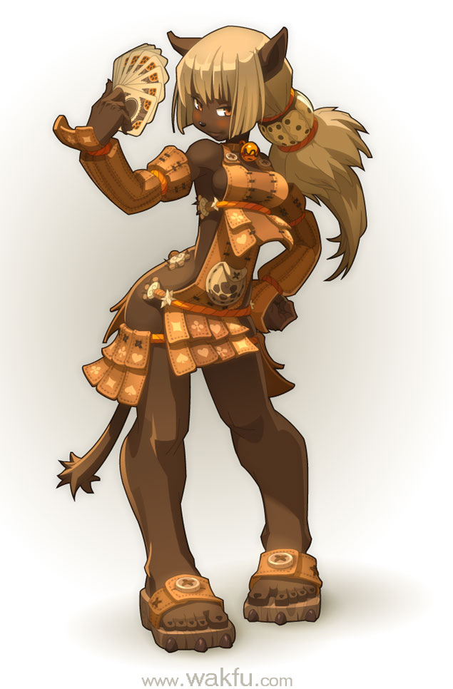 animal_ears bell bell_collar blonde_hair breasts card cat_ears cat_tail collar contrapposto dark_skin detached_sleeves ecaflip faulds full_body hand_on_hip long_hair orange_eyes ponytail revealing_clothes sandals sideboob slender_waist solo standing tabard tail toes wakfu xavier_houssin