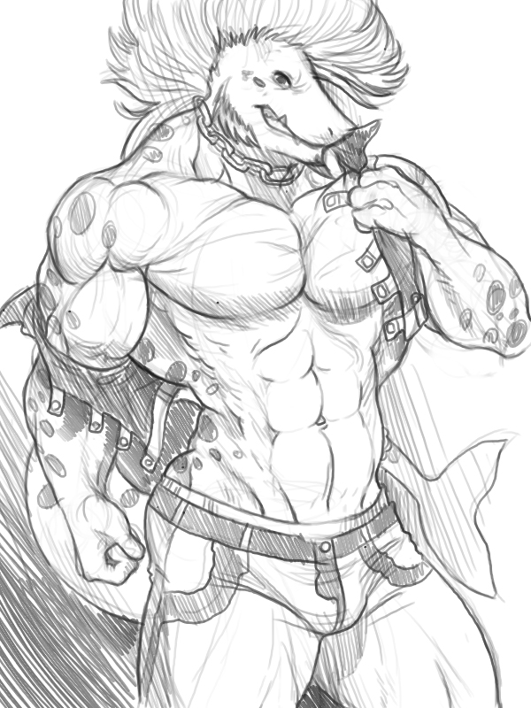 chain collar fangs grin looking_at_viewer male marine mikalapine mohawk muscles presenting scalie shark sketch solo standing tail undressing