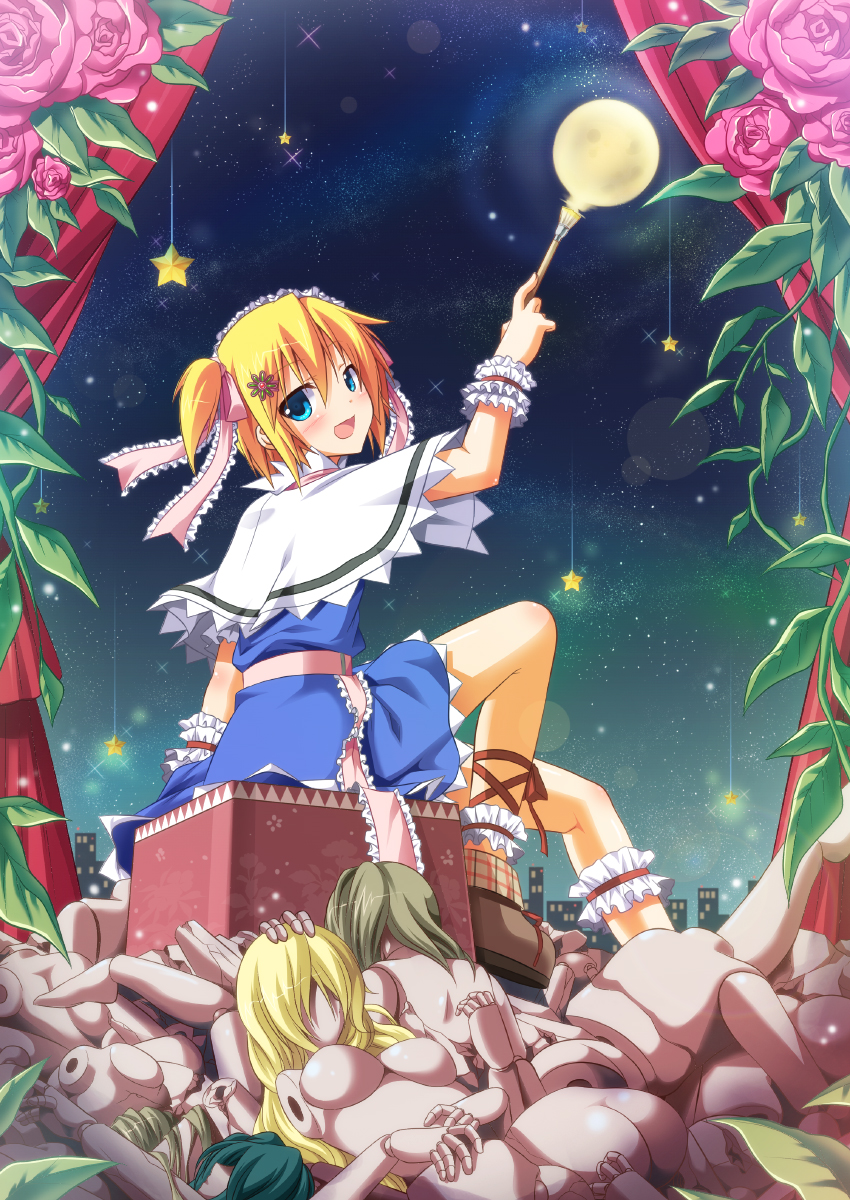 alice_margatroid alternate_hairstyle art_brush blonde_hair blue_eyes capelet curtains doll full_moon hairband highres marionette moon paintbrush puppet short_hair sitting sky solo star star_(sky) starry_sky touhou white_capelet yano_mitsuki