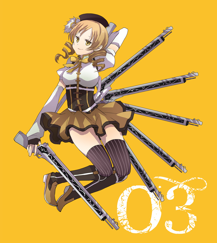 arm_up beret blonde_hair boots buzz corset detached_sleeves drill_hair dual_wielding full_body gun hat holding light_smile magical_girl mahou_shoujo_madoka_magica number rifle simple_background solo thighhighs tomoe_mami twin_drills twintails weapon yellow_eyes zettai_ryouiki