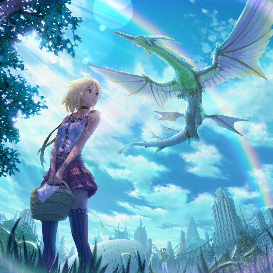 bare_shoulders basket blonde_hair brown_eyes building cloud day dragon from_below grass haitaka neck_ribbon original outdoors rainbow ribbon short_hair skirt sky solo striped striped_legwear thighhighs vertical-striped_legwear vertical_stripes