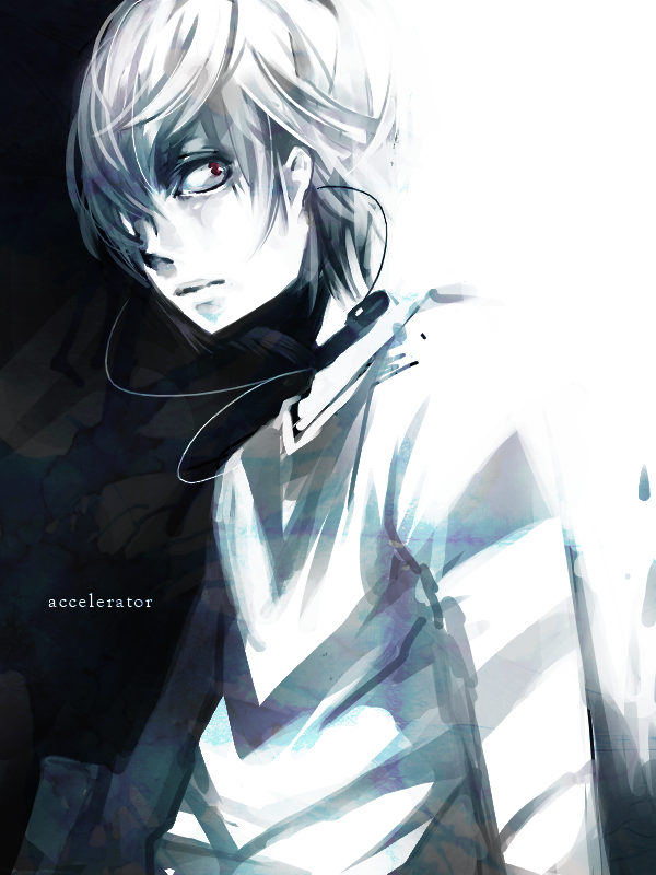 accelerator blue hair_over_one_eye male_focus monochrome red_eyes solo spot_color to_aru_majutsu_no_index yuukichi