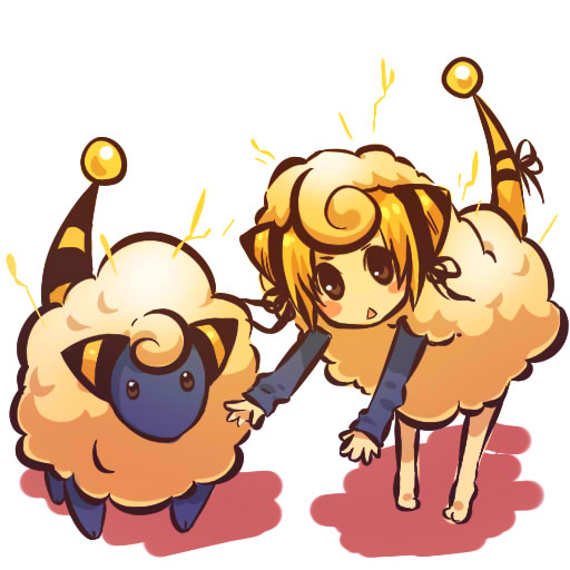 :&lt; bent_over blonde_hair bow brown_eyes electricity gen_2_pokemon hitec mareep moemon personification pokemon pokemon_(creature) sheep tail tail_bow