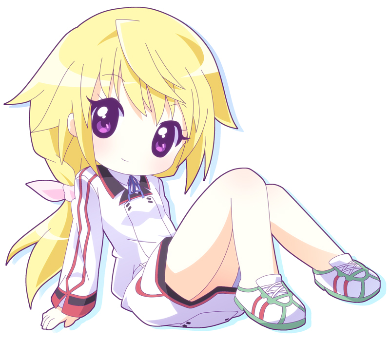 bare_legs blonde_hair blush charlotte_dunois chibi full_body infinite_stratos light_smile long_hair mirai_(sugar) ponytail purple_eyes ribbon school_uniform shoes simple_background sitting smile sneakers solo very_long_hair