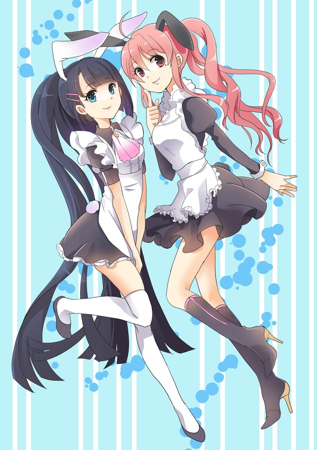 ahoge animal_ears apron bad_id bad_pixiv_id black_hair blue_eyes bunny_ears bunny_tail dutch_angle error finger_to_mouth hair_ornament hairclip high_heels hiiro_(kikokico) long_hair maid mole multiple_girls original pink_eyes pink_hair polydactyly ponytail shoes skirt smile standing tail thighhighs very_long_hair wrist_cuffs
