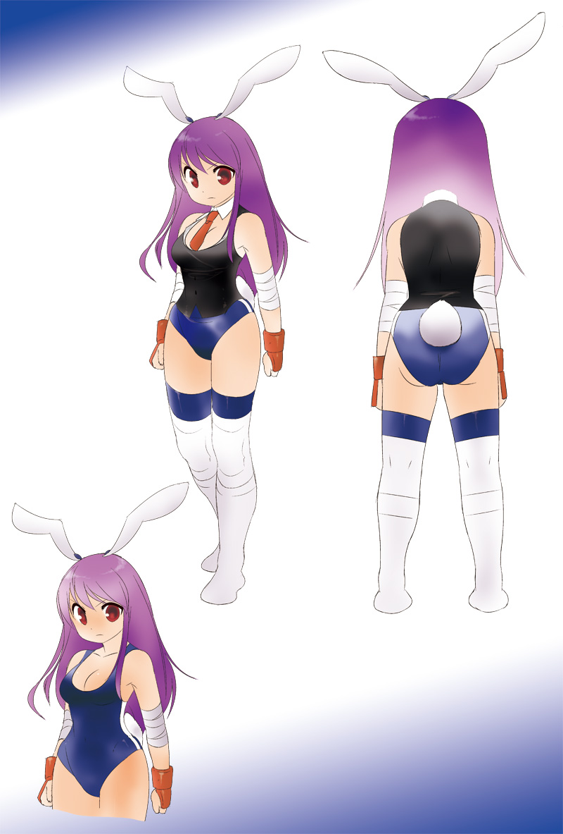 animal_ears ass back boots breasts bunny_ears bunny_tail dei_shirou fingerless_gloves gloves knee_pads leotard long_hair medium_breasts necktie purple_hair red_eyes reisen_udongein_inaba ribbon solo standing swimsuit tail thighhighs touhou vest wrestling_outfit