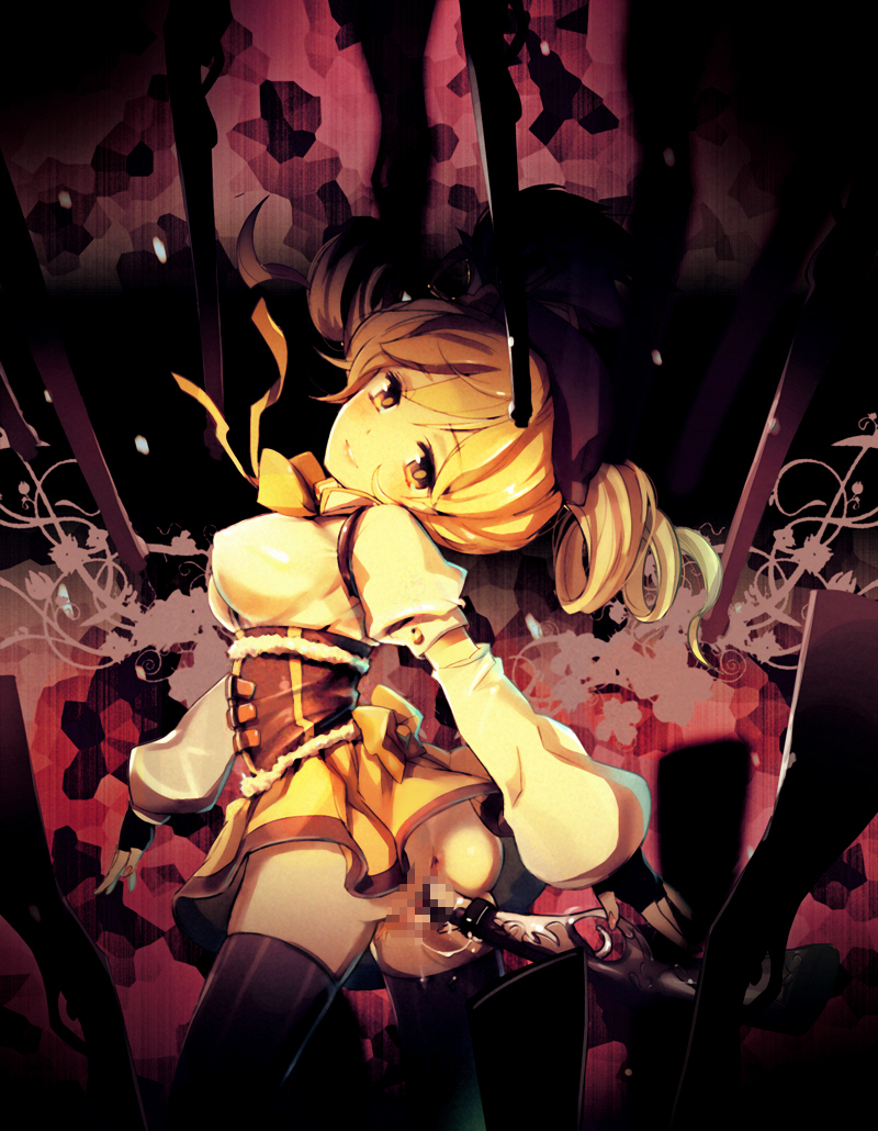 alicecrazy anus ass bad_id bad_pixiv_id beret blonde_hair brown_legwear censored detached_sleeves drill_hair fingerless_gloves gloves gun hair_ornament hairpin hat magical_girl magical_musket mahou_shoujo_madoka_magica object_insertion pleated_skirt puffy_sleeves pussy_juice ribbon rifle skirt solo striped striped_legwear thighhighs tomoe_mami twintails vaginal vaginal_object_insertion vertical-striped_legwear vertical_stripes weapon yellow_eyes zettai_ryouiki