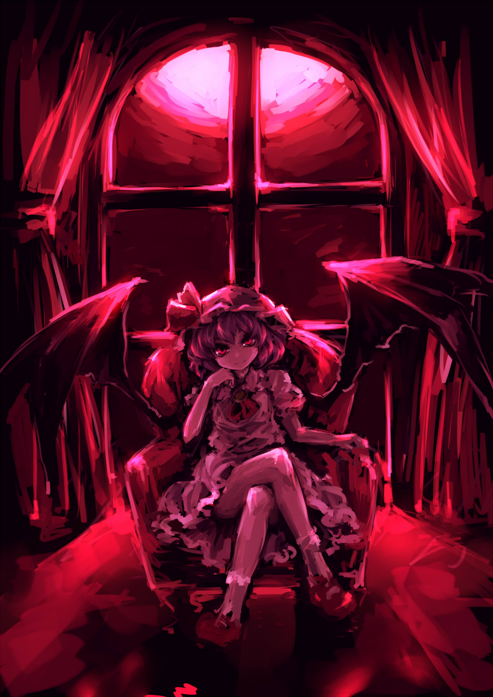 bad_id bad_pixiv_id bat_wings chair crossed_legs hand_on_own_face hat highres hima_(mizu_ni_tsuyoi) legs_folded red red_eyes red_footwear remilia_scarlet shoes sitting solo touhou window wings
