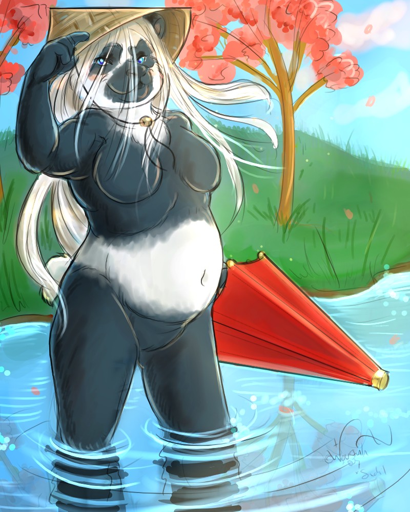 chubby female grass hair hat panda sky solo trees umbrella water wovstah