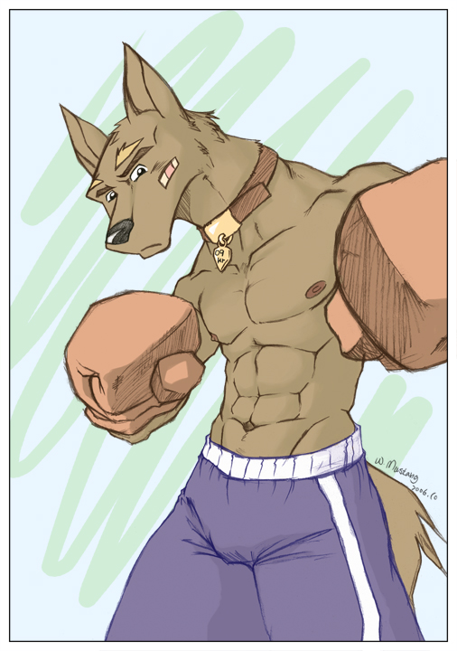 anthro boxer boxing canine clothing collar dog male mammal muscles nipples pecs shorts solo tail topless wmustang