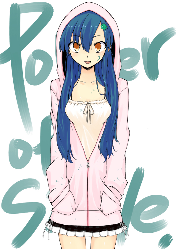 :p blouse blue_hair breasts clover english facial_tattoo four-leaf_clover hair_ornament hairclip hands_in_pockets hood hoodie kodou_tamaki long_hair medium_breasts paint power_of_smile red_eyes skirt smile solo tattoo tongue tongue_out uro zipper