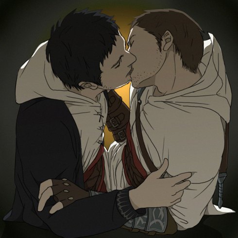 2boys altair_ibn_la-ahad assassin's_creed assassin's_creed assassin's_creed_(series) kiss kissing lowres male male_focus malik_a-sayf malik_al-sayf missing_finger multiple_boys yaoi