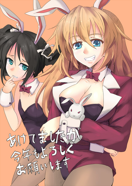 animal_ears bad_id bad_pixiv_id breasts bunny bunny_ears bunnysuit charlotte_e_yeager cleavage francesca_lucchini long_hair medium_breasts multiple_girls pantyhose strike_witches world_witches_series yude