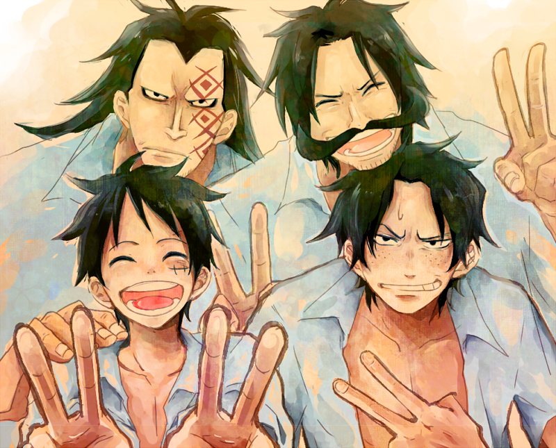 ance black_eyes black_hair closed_eyes facial_hair family father_and_son freckles gol_d_roger long_hair male_focus monkey_d_dragon monkey_d_luffy multiple_boys mustache one_piece portgas_d_ace scar smile tattoo v what_if