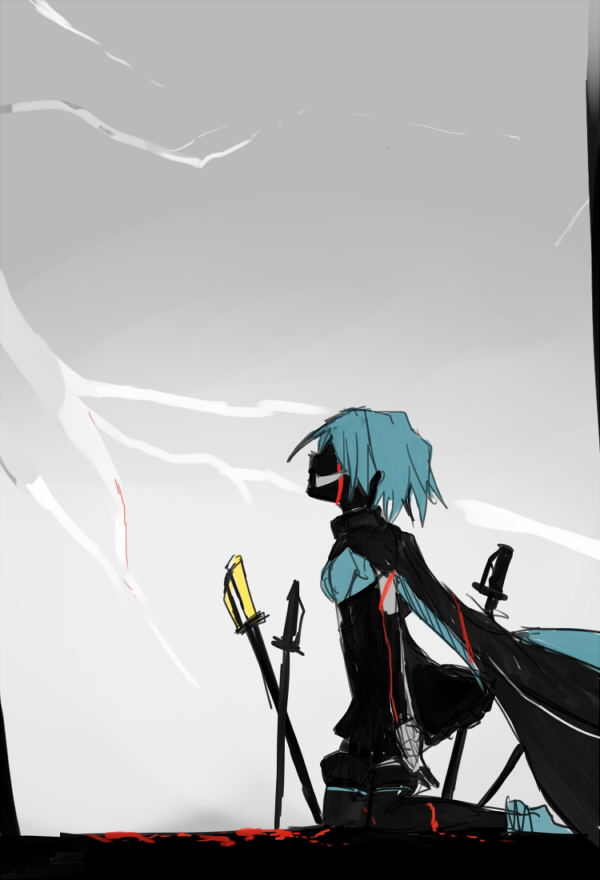 bad_id bad_pixiv_id blood bloody_tears blue_hair cape evil_grin evil_smile gloves grin magical_girl mahou_shoujo_madoka_magica miki_sayaka mukudori10 smile solo spoilers sword thighhighs weapon