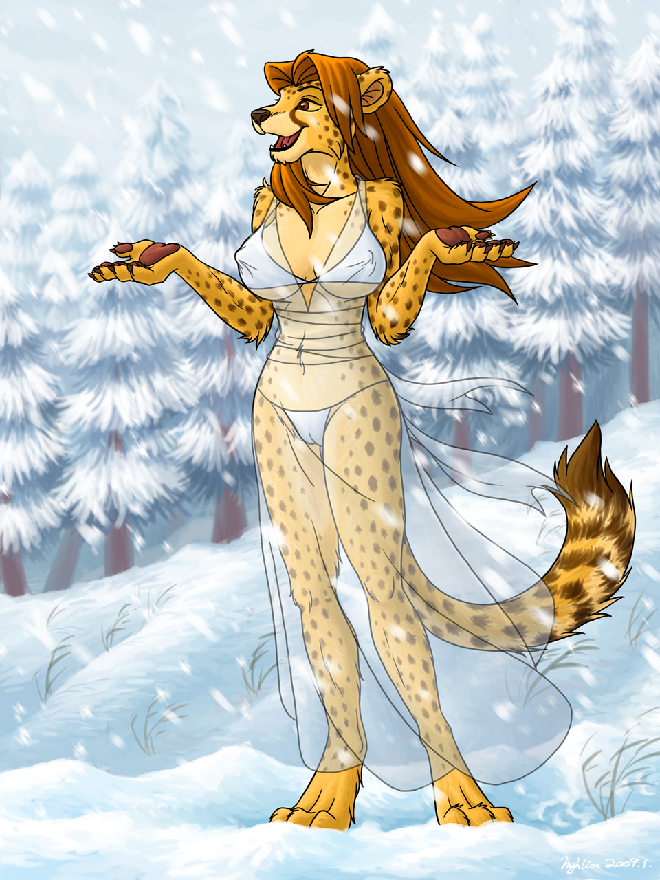 breasts camel_toe cheetah feline female hyhlion i_dunno_lol meow pussy skimpy snow solo translucent transparent_clothing
