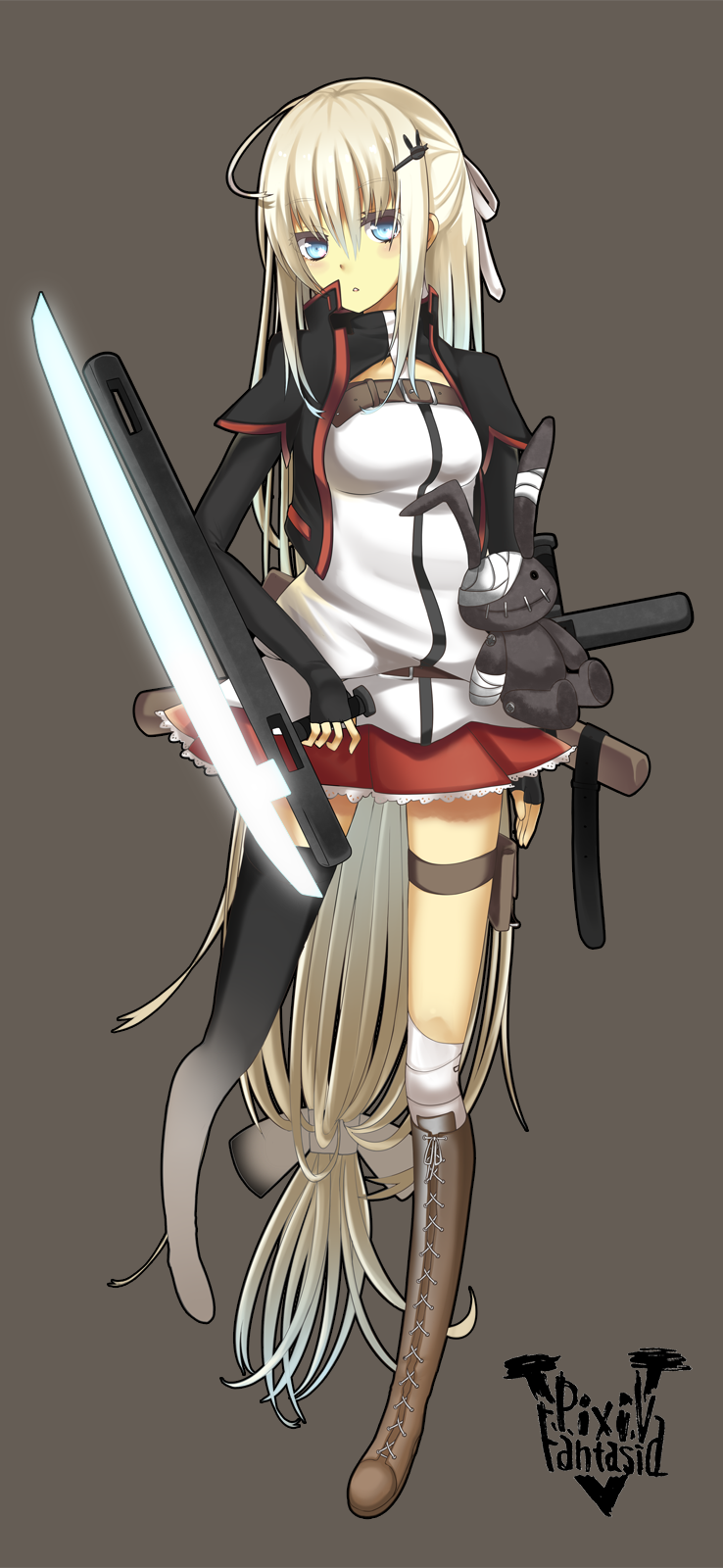 bow glowing grey hair_bow highres long_hair pixiv_fantasia pixiv_fantasia_5 simple_background solo somnium tonfa weapon