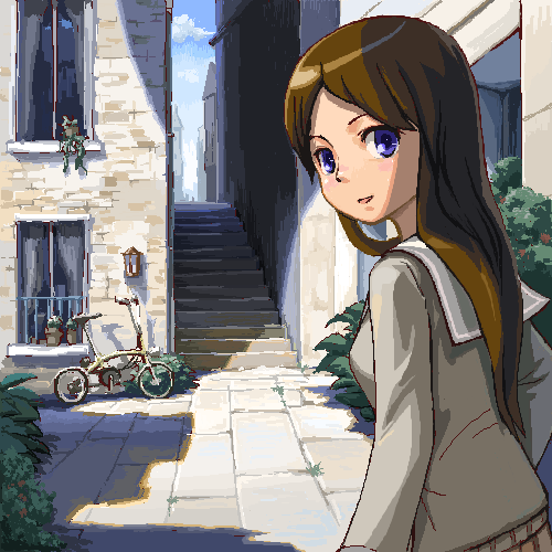 bad_id bad_pixiv_id bicycle brown_hair cloud day from_behind ground_vehicle heus_(nuntarou) long_hair looking_back lowres oekaki original plaid plant potted_plant purple_eyes school_uniform shade skirt sky solo stairs sunlight town