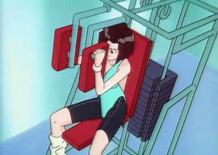 90s animated animated_gif bike_shorts bouncing_breasts breasts brown_hair cleavage exercise gif gym leg_warmers leotard lowres shoes shorts sneakers tsujimoto_natsumi you're_under_arrest you're_under_arrest