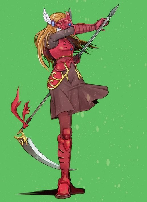 armor armored_dress asatsuki_kamo blue_eyes boots brown_dress brown_hair dress elbow_gloves elmina_niet feathers full_body gloves greaves green_background helmet holding holding_scythe knee_boots lady_harken long_hair pantyhose red_armor ribbon scythe simple_background solo valkyrie wild_arms wild_arms_1