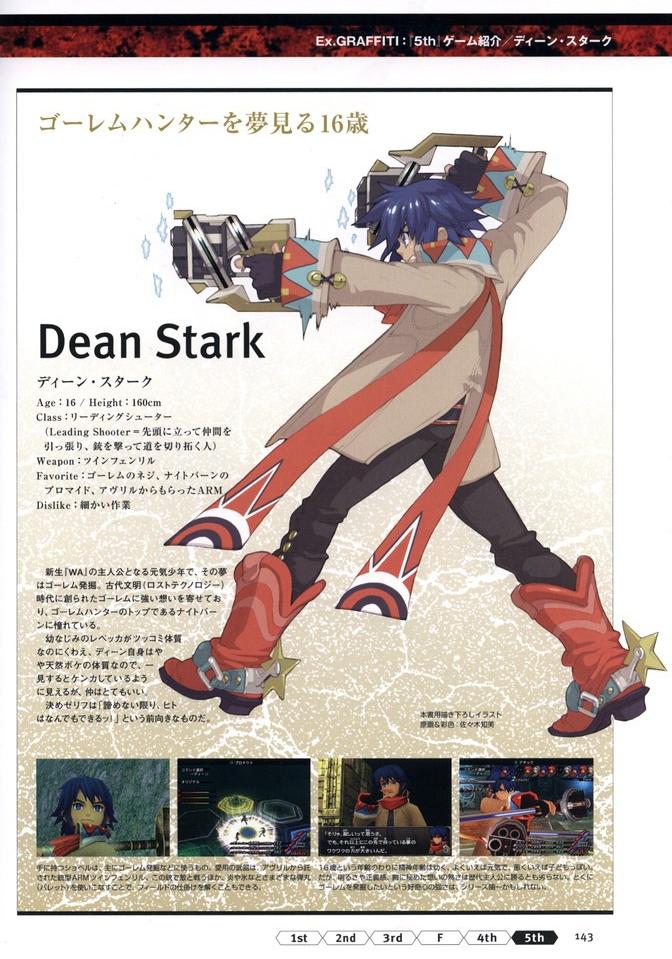 ahoge belt blue_eyes blue_hair boots character_name coat cowboy_boots dean_stark dual_wielding fujimoto_hideaki full_body gloves gun holding knee_boots male_focus official_art pants scan scan_artifacts scarf spurs weapon wild_arms wild_arms_5