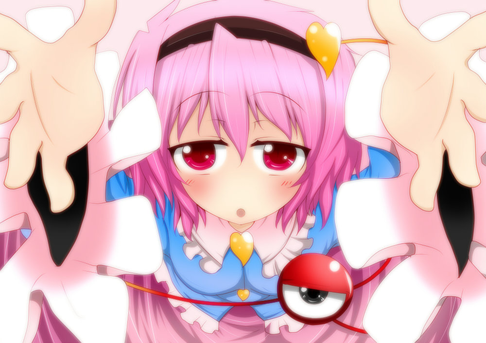 :o arms_up bad_id bad_pixiv_id blush breasts carry_me dress eijsvl eyeball from_above hair_ornament hairband heart incoming_hug komeiji_satori medium_breasts open_mouth outstretched_arms pink_hair pov purple_hair reaching red_eyes short_hair solo third_eye touhou