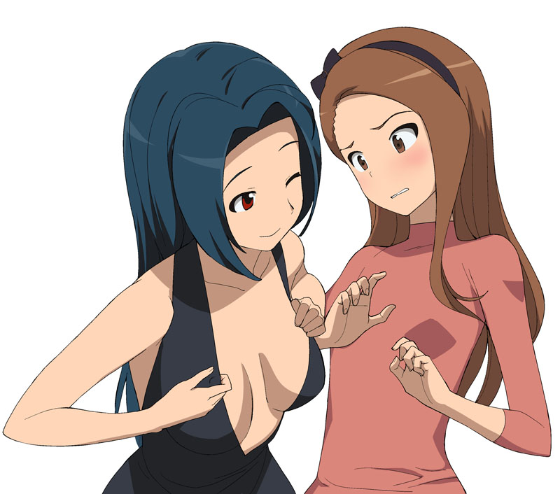 a1 blue_hair blush breast_envy breasts breasts_apart brown_eyes brown_hair flat_chest idolmaster idolmaster_(classic) long_hair looking_at_breasts medium_breasts minase_iori miura_azusa multiple_girls one_eye_closed red_eyes simple_background small_breasts turtleneck white_background