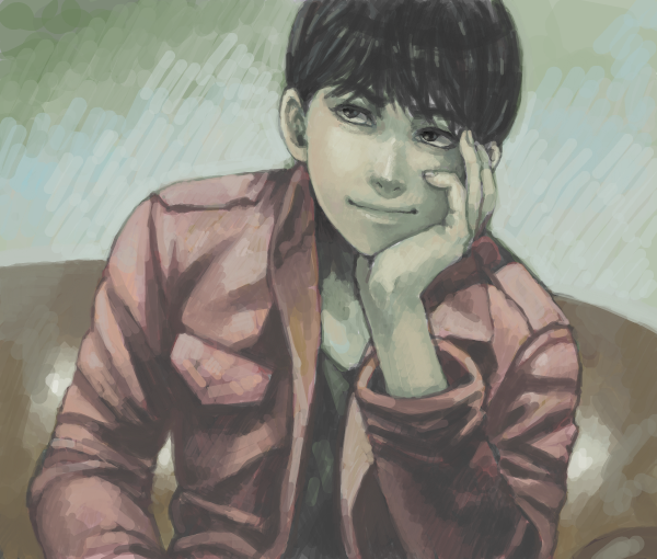 akira hand_on_another's_face hand_on_face hand_on_own_face jacket kaneda_shoutarou male male_focus pixiv short_hair shoutarou_kaneda smile