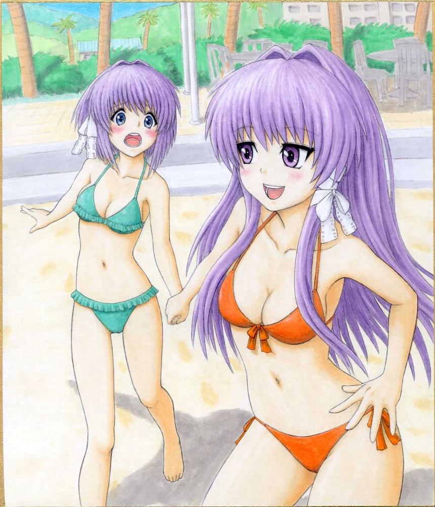 bad_id bad_pixiv_id barefoot bikini blue_eyes blush breasts clannad cleavage dragging frilled_bikini frills front-tie_top fujibayashi_kyou fujibayashi_ryou hair_intakes long_hair medium_breasts mitsu_(komainumilk) multiple_girls navel open_mouth perspective purple_eyes purple_hair shikishi siblings side-tie_bikini sisters smile swimsuit traditional_media twins