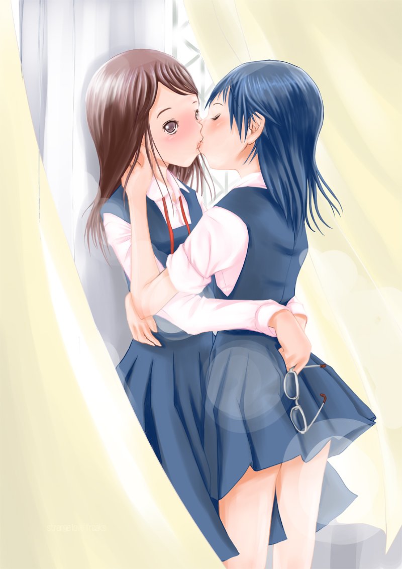 2girls blush eyes_closed glasses kiss multiple_girls school school_uniform yuri