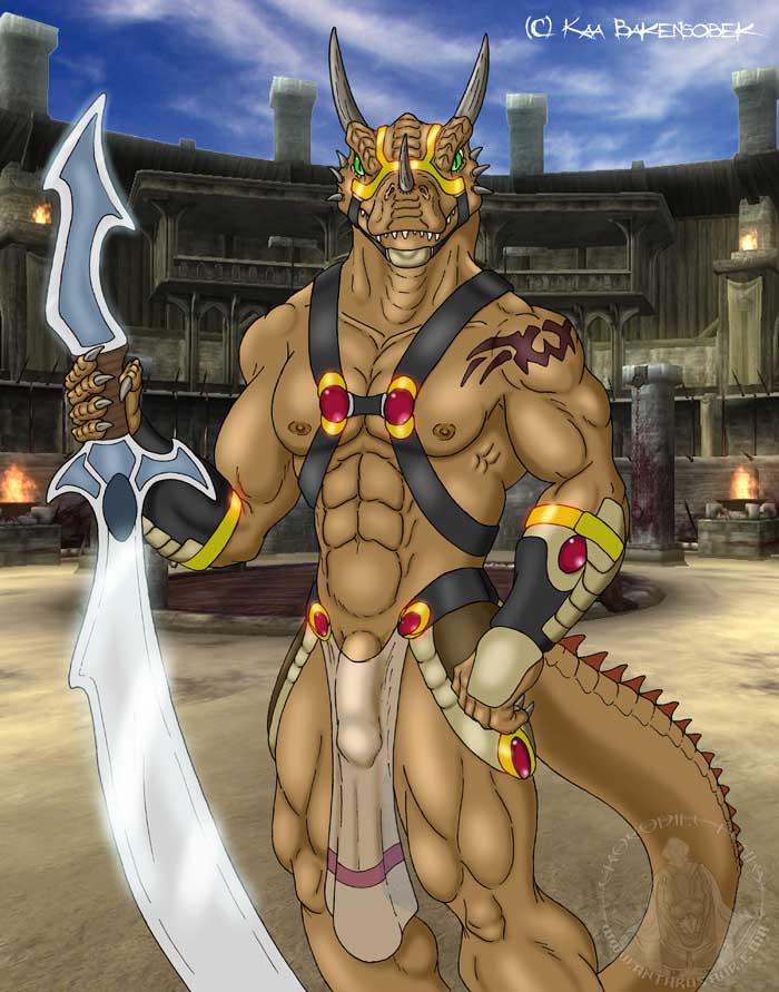 bulge claws dragon fangs green_eyes horns kaa kaa_(artist) loincloth looking_at_viewer male muscles penis reptile scalie skimpy solo standing sword tail underwear weapon