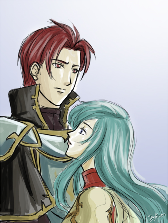 aqua_hair armor blue_eyes blue_hair couple eirika fire_emblem fire_emblem:_seima_no_kouseki fire_emblem_sacred_stones knight long_hair princess red_eyes red_hair see-through seth short_hair