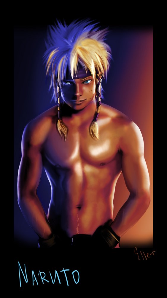 1boy artist_name blonde_hair blue_eyes character_name elle-r gloves headband looking_at_viewer male male_focus muscle naruto nipples pecs solo topless uzumaki_naruto
