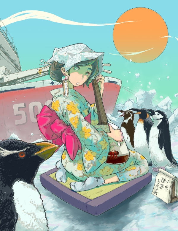 bird brown_hair green_eyes instrument japanese_clothes kimono obi original penguin sash shamisen snow solo ymr zanshomimai