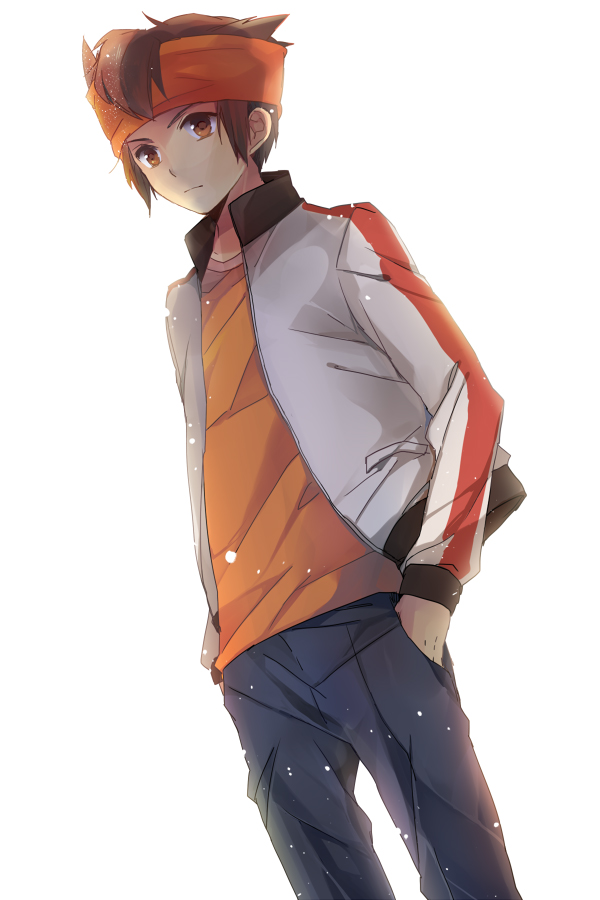 bad_id bad_pixiv_id brown_eyes brown_hair denim dutch_angle endou_mamoru hand_in_pocket headband inazuma_eleven_(series) inazuma_eleven_go jacket jeans male_focus pants s-kura solo white_background