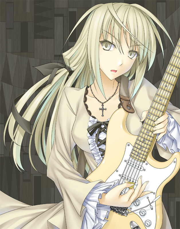 440 blonde_hair cross electric_guitar fender frills guitar hair_ribbon instrument jewelry long_hair necklace open_mouth original plectrum ribbon solo stratocaster yellow_eyes