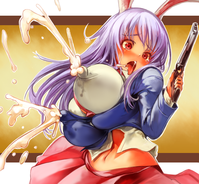breasts gun huge_breasts lactation navel purple_hair red_eyes reisen_udongein_inaba sachito solo touhou weapon