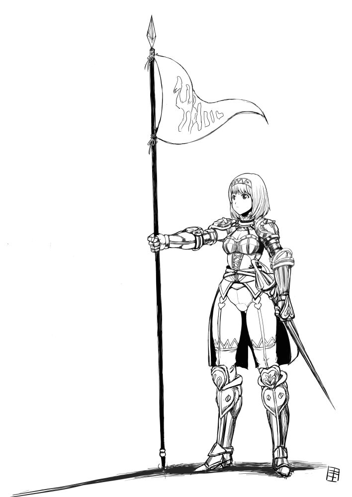 armor bokkori flag greaves greyscale hairband monochrome original polearm short_hair solo spear standing sword weapon