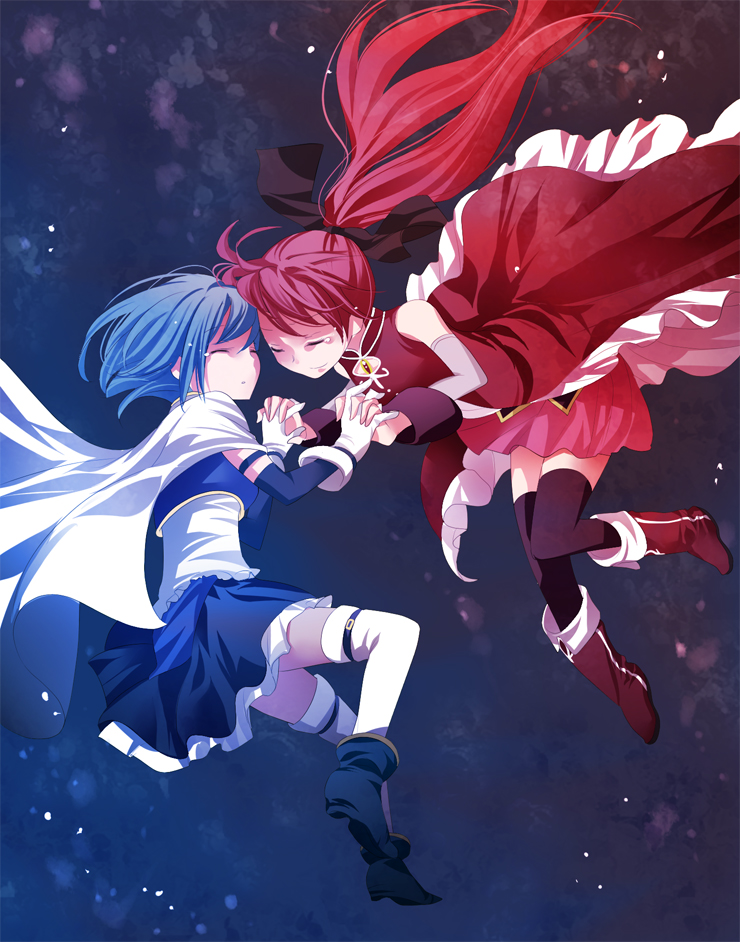 bad_id bad_pixiv_id blue_hair harumi_kazu long_hair mahou_shoujo_madoka_magica miki_sayaka multiple_girls ponytail red_hair sakura_kyouko short_hair thighhighs