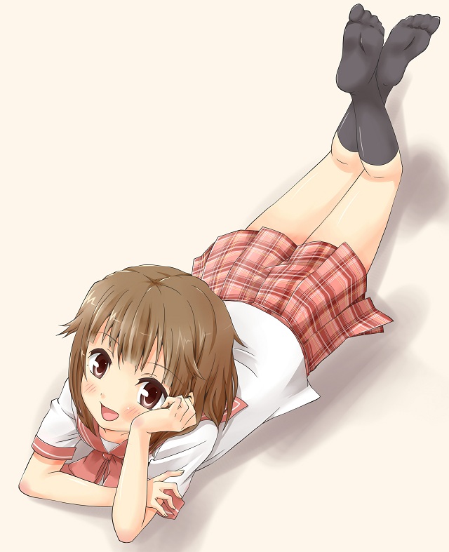arm_support blush brown_eyes brown_hair chin_rest crossed_arms crossed_legs face feet legs_up lying on_stomach open_mouth original school_uniform short_hair smile solo yoruda