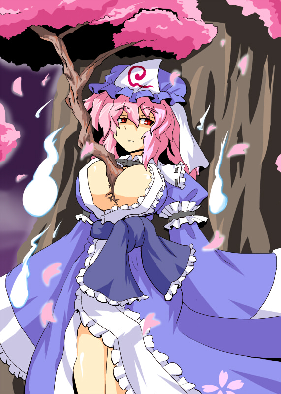 between_breasts breasts cherry_blossoms cleavage ghost harukatron large_breasts pink_hair red_eyes saigyouji_yuyuko solo touhou tree