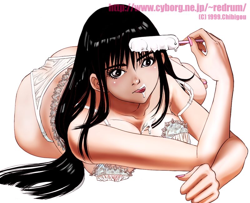 ass black_eyes black_hair breast_press breasts chibigou food large_breasts lying nail_polish on_stomach popsicle sexually_suggestive solo tongue underwear underwear_only white_background