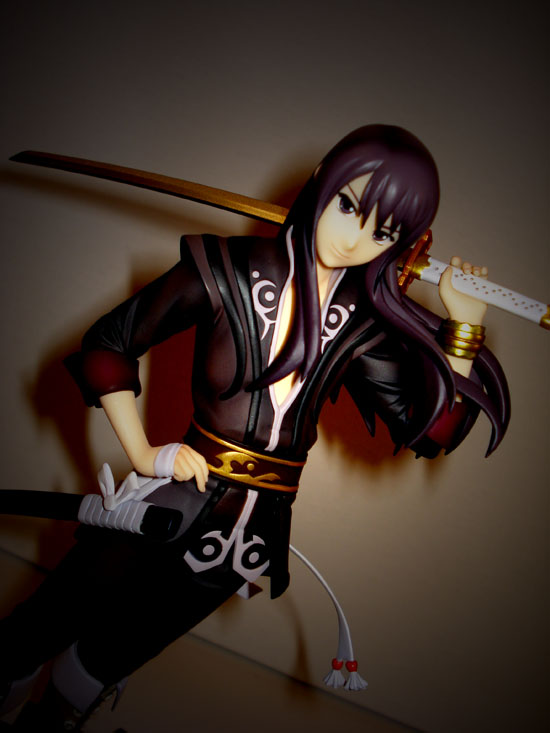 boots figure long_hair male_focus open_clothes open_shirt photo purple_eyes purple_hair shirt simple_background solo sword tales_of_(series) tales_of_vesperia weapon yuri_lowell
