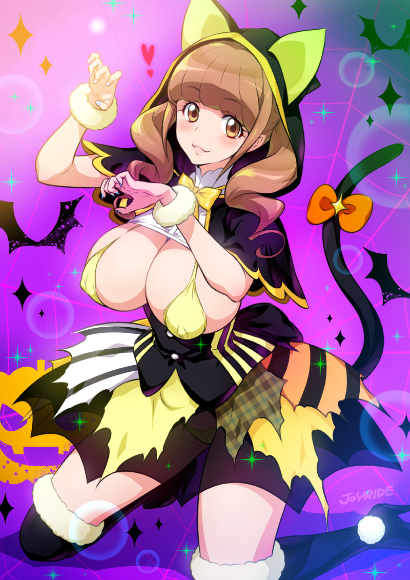 1girl alternate_breast_size alternate_costume animal_hood artist_name black_footwear black_hood boots bow bowtie breasts brown_eyes brown_hair cat_hood cat_tail commentary_request covered_nipples eyebrows_visible_through_hair gradient gradient_background halloween healin'_good_precure hiramitsu_hinata hood joy_ride knees large_breasts lips looking_at_viewer paw_pose precure purple_background short_hair smile solo tail thighs yellow_neckwear