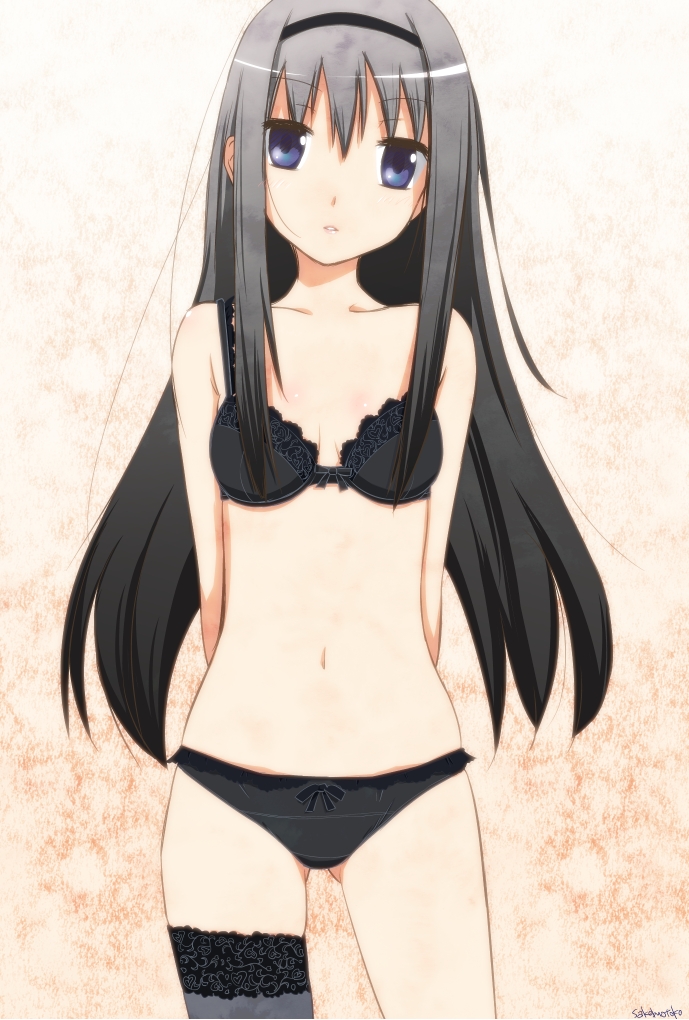 akemi_homura arms_behind_back asymmetrical_clothes bare_shoulders black_bra black_hair black_hairband black_legwear black_panties bra hairband head_tilt lace lace-trimmed_bra lace-trimmed_thighhighs lingerie long_hair mahou_shoujo_madoka_magica navel panties parted_lips purple_eyes sakebuotoko signature single_thighhigh solo standing thighhighs underwear underwear_only