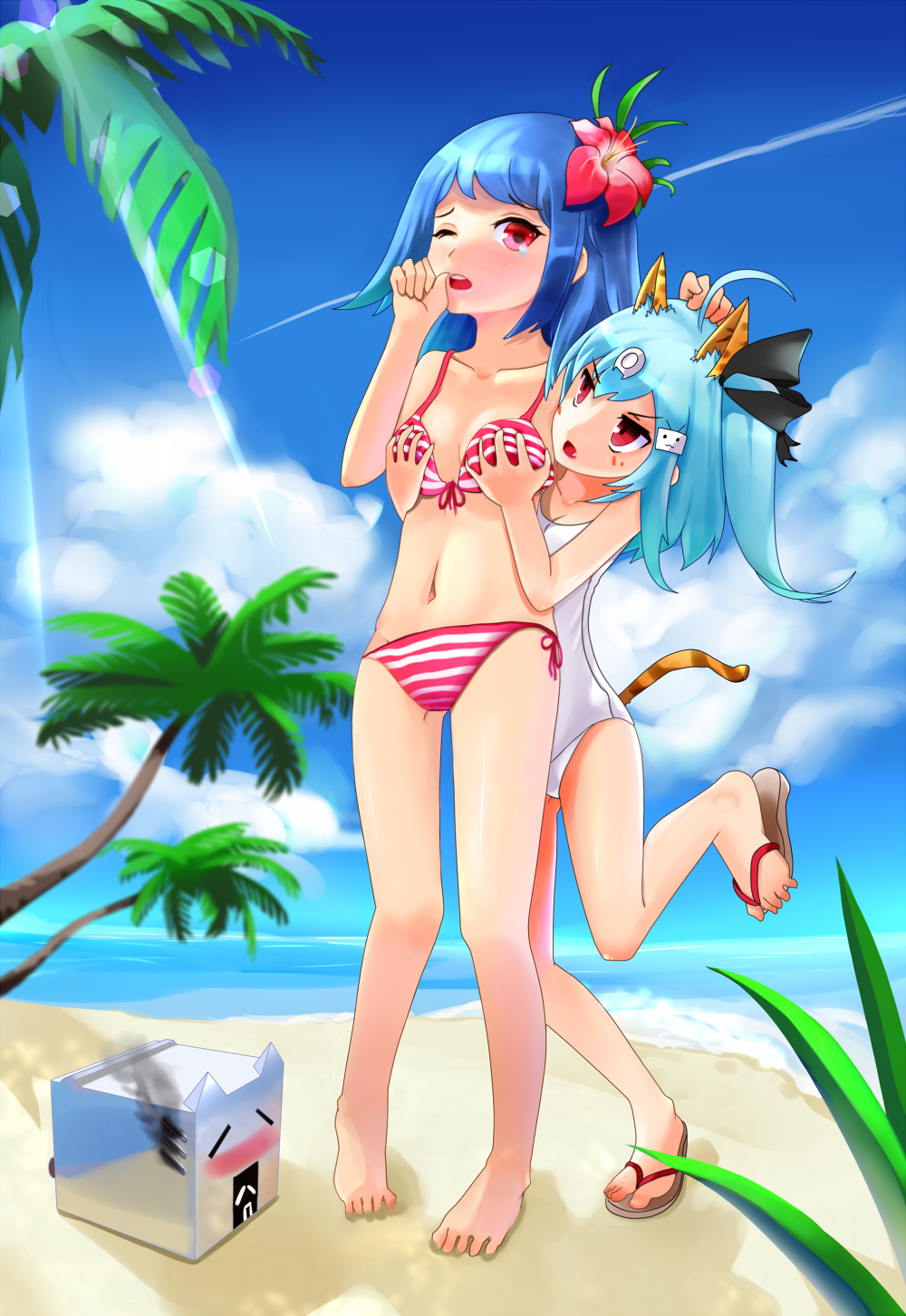 ahoge animal_ears aqua_hair barefoot beach bikini bili_girl_22 bili_girl_33 bilibili_douga biting blue_hair blush box breast_grab breasts cloud computer day fang feet fenyuat finger_biting flower front-tie_top grabbing groping hair_flower hair_ornament hair_ribbon hand_on_head hibiscus highres lens_flare long_hair mascot multiple_girls navel ocean one-piece_swimsuit outdoors palm_tree red_eyes ribbon sandals school_swimsuit shore short_hair side-tie_bikini side_ponytail sky small_breasts smoke striped striped_bikini swimsuit tail teardrop tree water white_school_swimsuit white_swimsuit