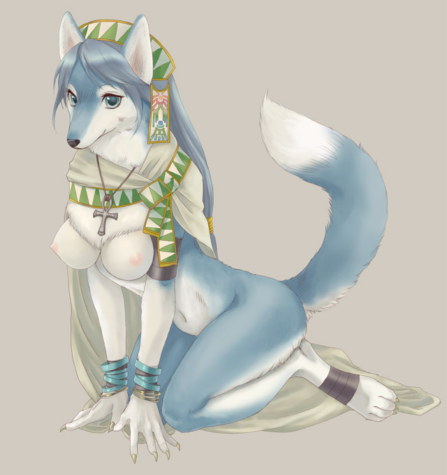 ankh blue_eyes blue_hair bracelet breasts canine claws dog female hair husky jewelry kogarah necklace nude priest raised_tail scarf simple_background solo tail wolf